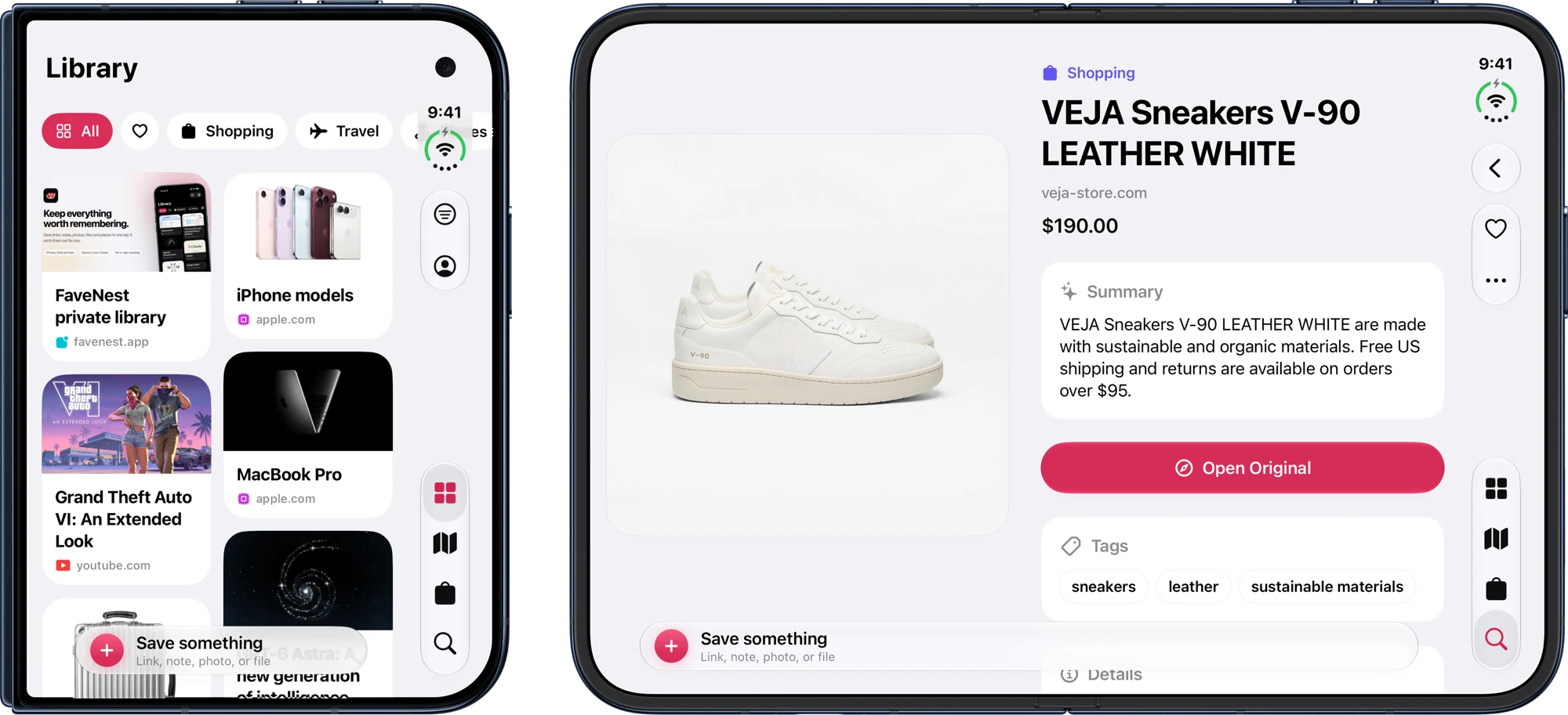 Two iPhone Duo devices running FaveNest. Closed, its outer display shows the Library in two columns beside the bar. Opened flat on its side, the inner display shows a saved pair of VEJA V-90 leather sneakers as two pages: the photo on the left, and on the right the title, veja-store.com, $190.00, a Summary, Open Original and the tags.