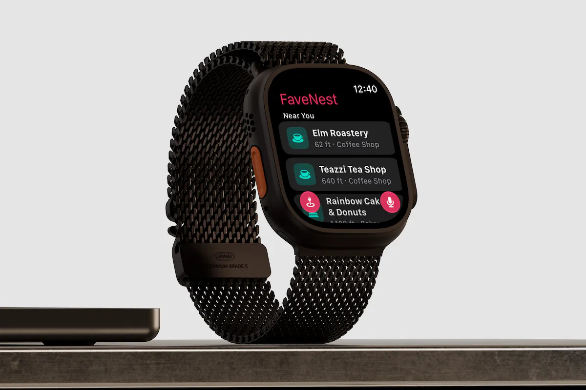 FaveNest on an Apple Watch Ultra with a black mesh band, standing on a metal shelf and showing Near You: Elm Roastery 62 ft away and Teazzi Tea Shop 640 ft away, both coffee shops, with the Save Spot and Remember buttons along the bottom.