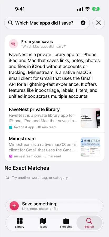 Search in FaveNest on iPhone with the question “Which Mac apps did I save?” and an answer from your saves describing FaveNest and the Mimestream email app, with both saves listed under it.