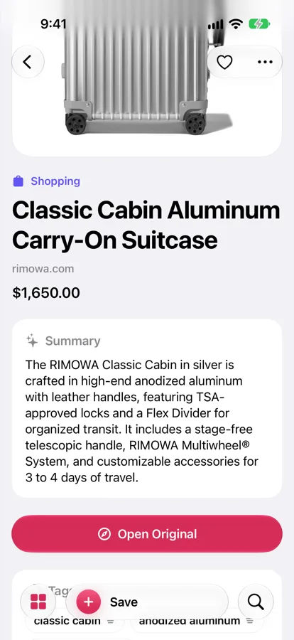 A saved RIMOWA Classic Cabin suitcase in FaveNest on iPhone: the title, rimowa.com, $1,650.00 and a Summary paragraph written by Apple Intelligence, above Open Original.