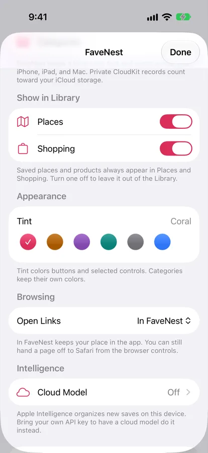FaveNest Settings on iPhone at Appearance: the Tint row set to Coral, with swatches for coral, amber, plum, teal, graphite and blue.
