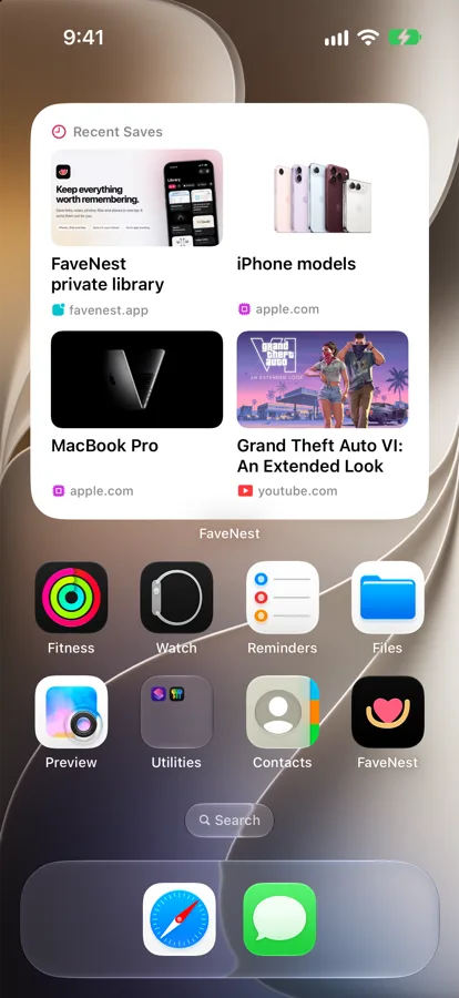 An iPhone Home Screen with a large FaveNest Recent Saves widget showing the FaveNest website, iPhone models, MacBook Pro and a Grand Theft Auto VI trailer, above the app icons and FaveNest’s own.